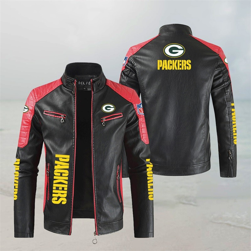 Green Bay Packers Stand Collar Leather Jacket Back View