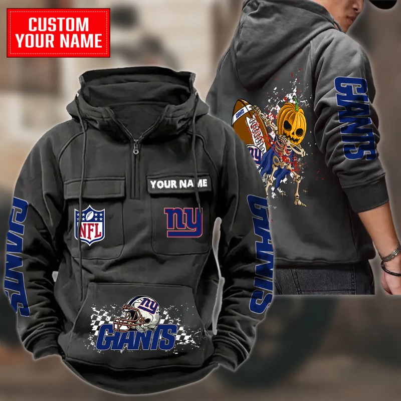 Black New York Giants Multi-Pockets Zip Hoodie