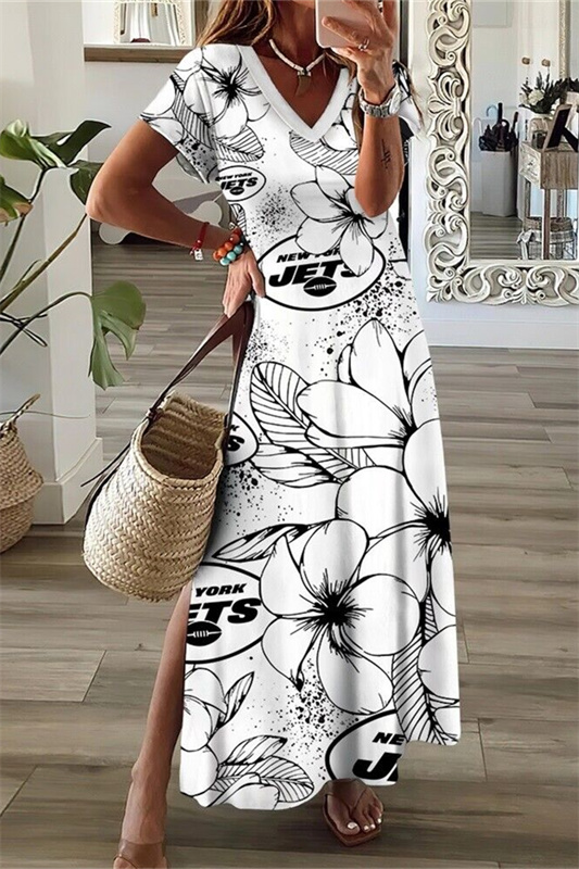 New York Jets V-Neck Side Slit Long Dress