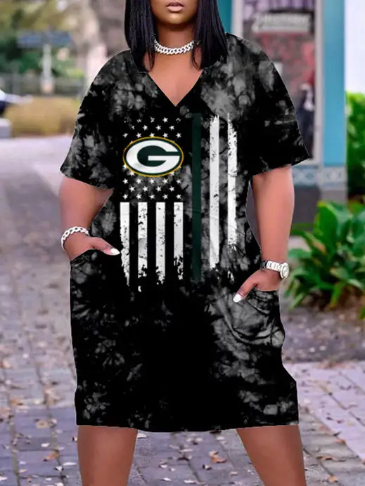 Green Bay Packers V-neck Casual Pocket Dress