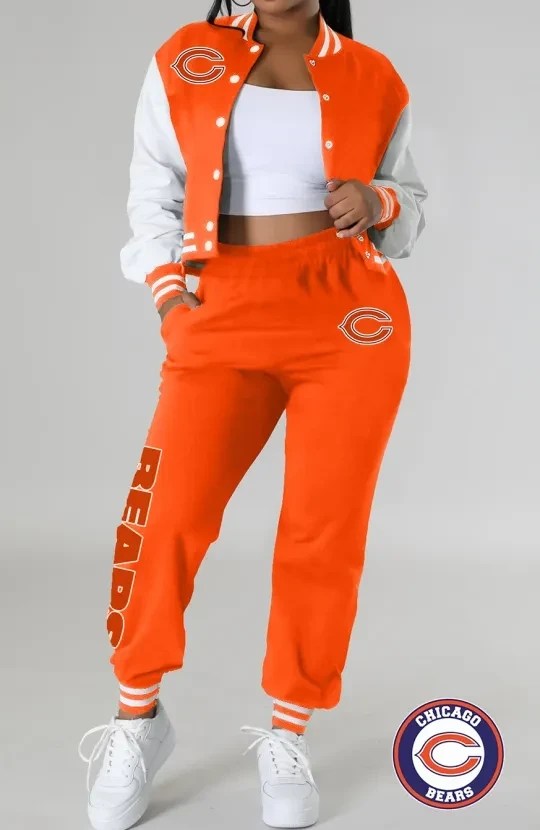 Chicago Bears Women's Outfits Varsity Jacket Crop Tops Sweatpants Tracksuit