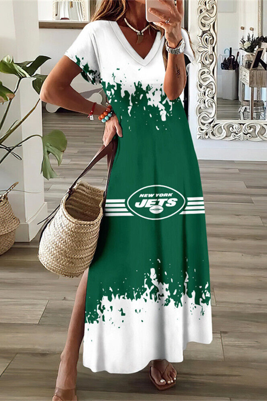New York Jets V-Neck Side Slit Long Dress