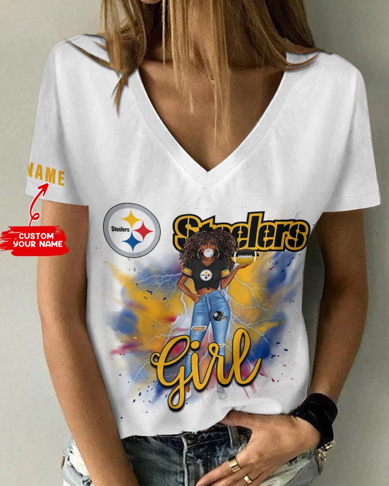Pittsburgh Steelers Personalized Summer V-neck Women T-shirt