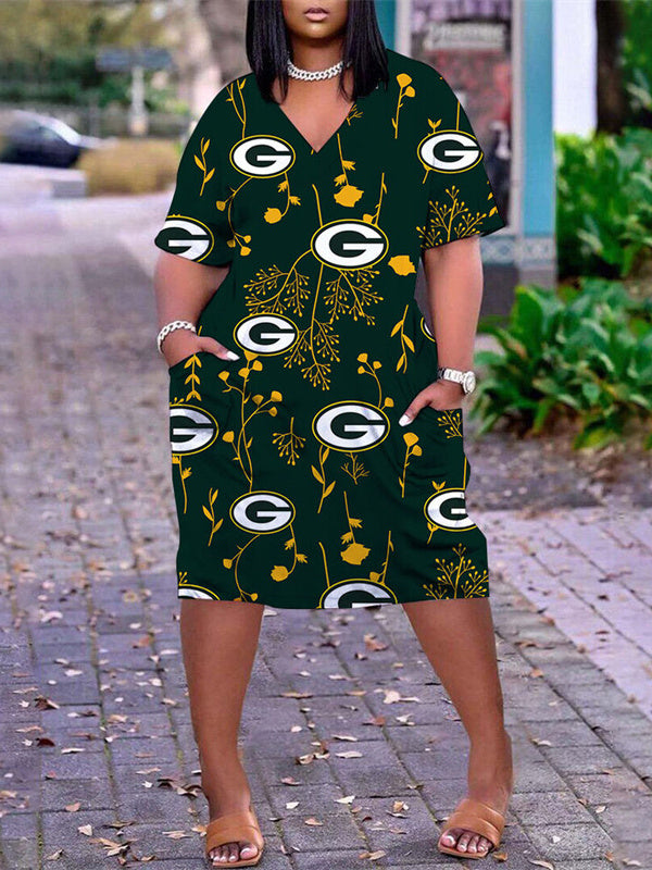 Green Bay Packers V-neck Casual Pocket Dress
