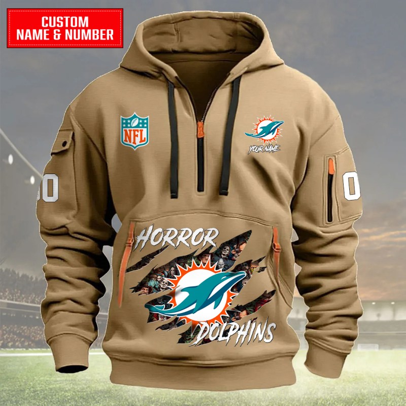 Miami Dolphins Quarter Zip Hoodie Khaki