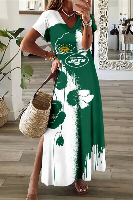 New York Jets V-Neck Side Slit Long Dress