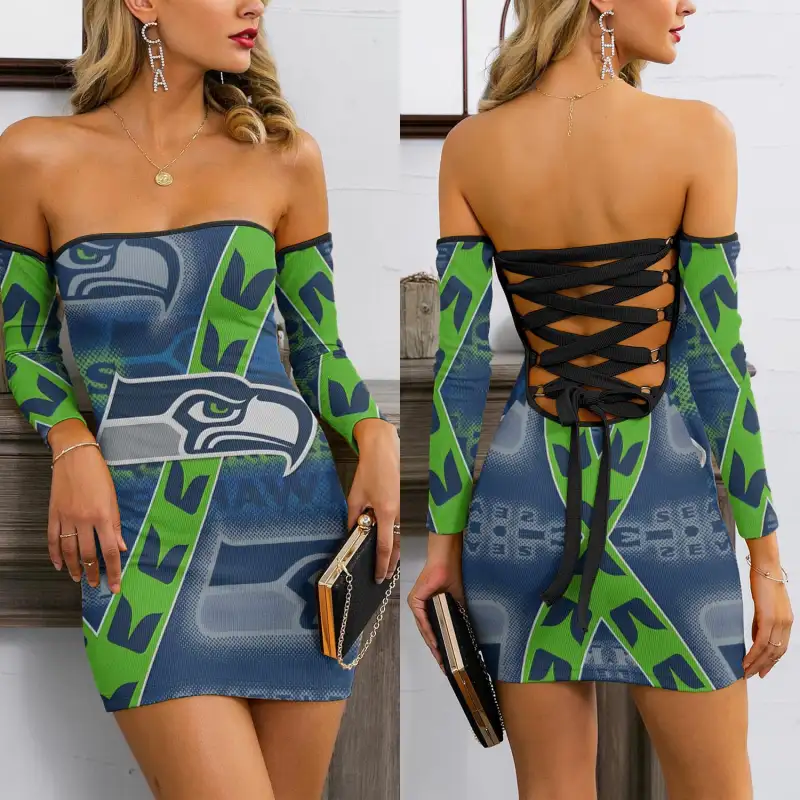 Seattle Seahawks Lace Up Back Bardot Bodycon Dress