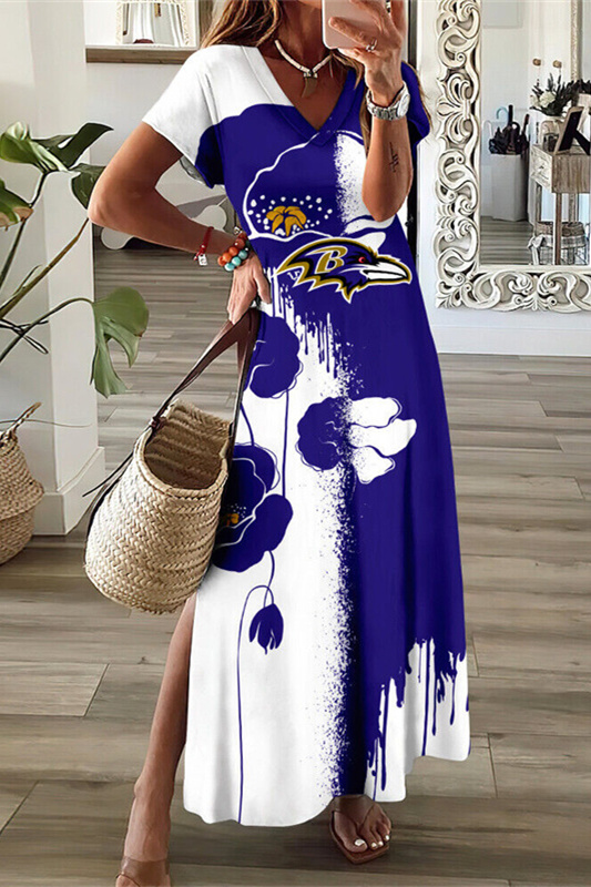 Baltimore Ravens V-Neck Side Slit Long Dress