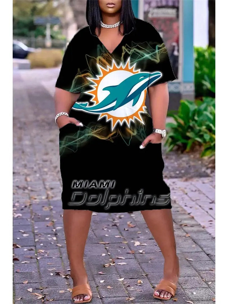Miami Dolphins V-neck Casual Pocket Dress