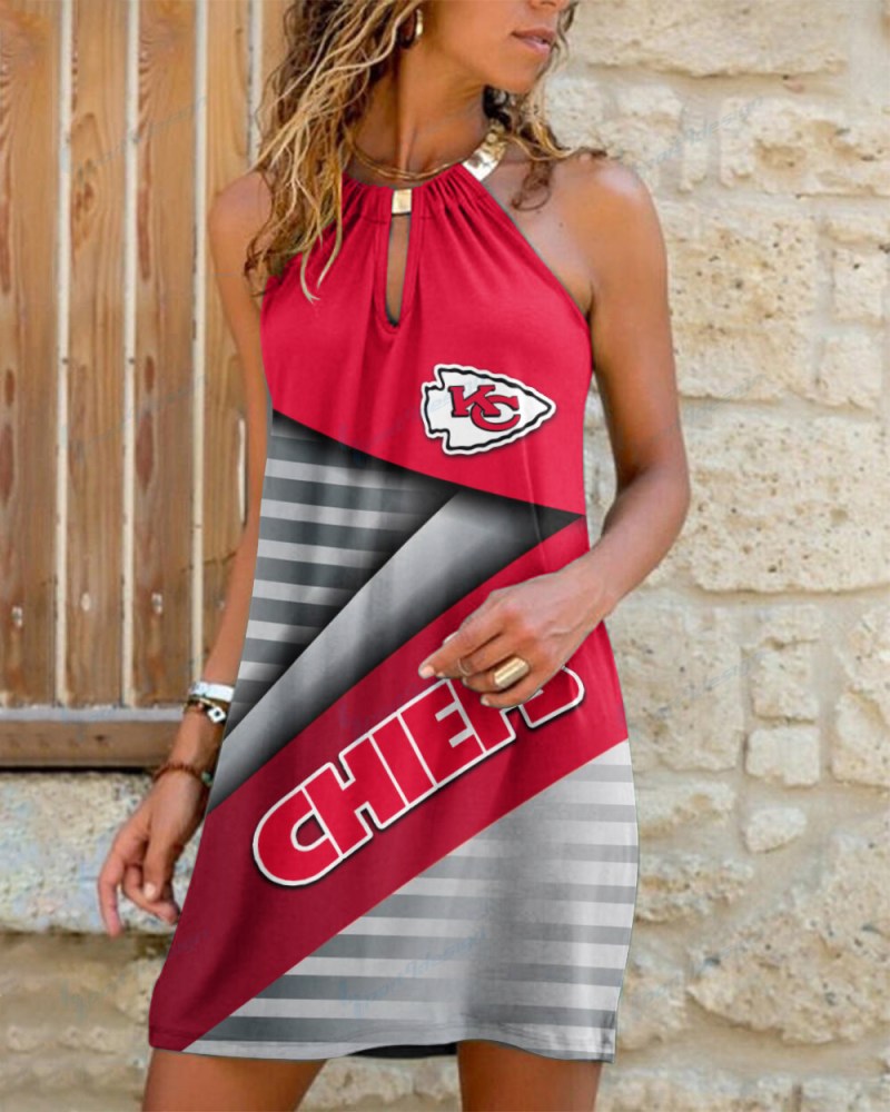 Kansas City Chiefs Summer Casual Metal Halter Neck Sleeveless Dress