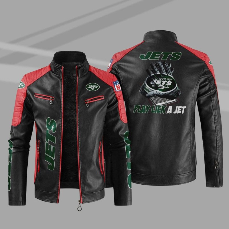 New York Jets Stand Collar Leather Jacket Front