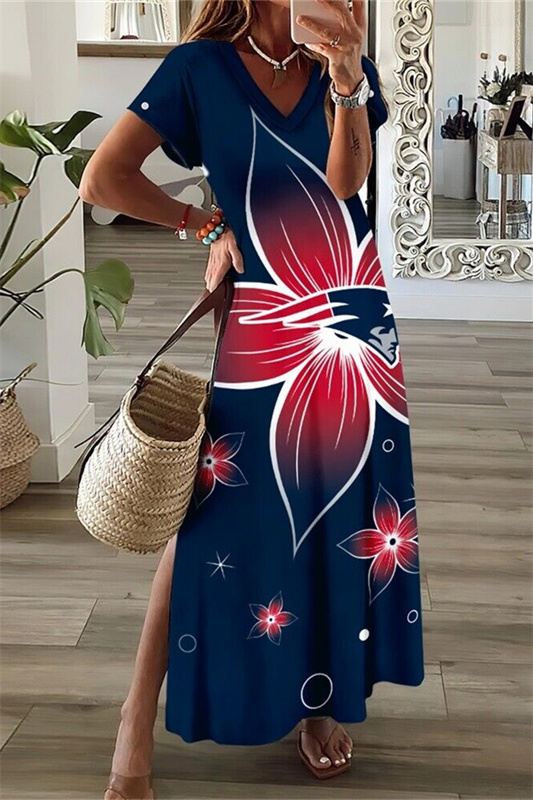 New England Patriots V-Neck Side Slit Long Dress