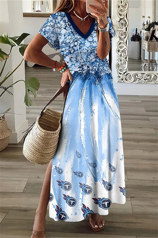 Tennessee Titans V-Neck Side Slit Long Dress