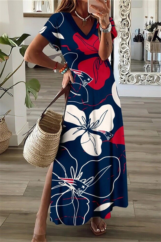 New England Patriots V-Neck Side Slit Long Dress