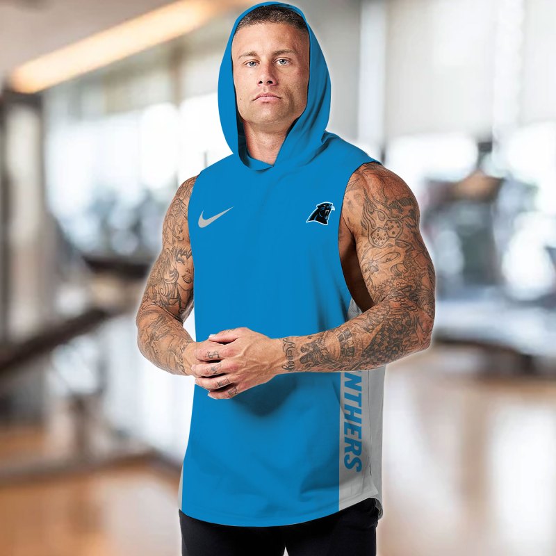 Carolina Panthers Personalized Men's Workout Hooded Tank Top - White Front