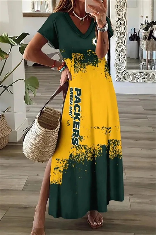 Green Bay Packers V-Neck Side Slit Long Dress