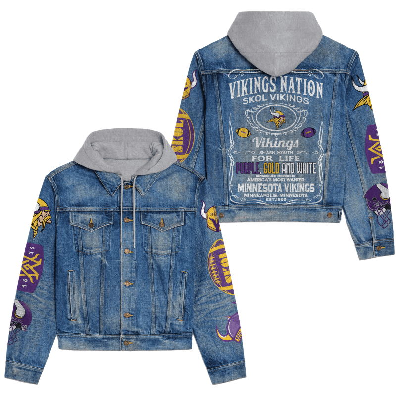 Lifestyle Image of Minnesota Vikings Hooded Denim Jacket