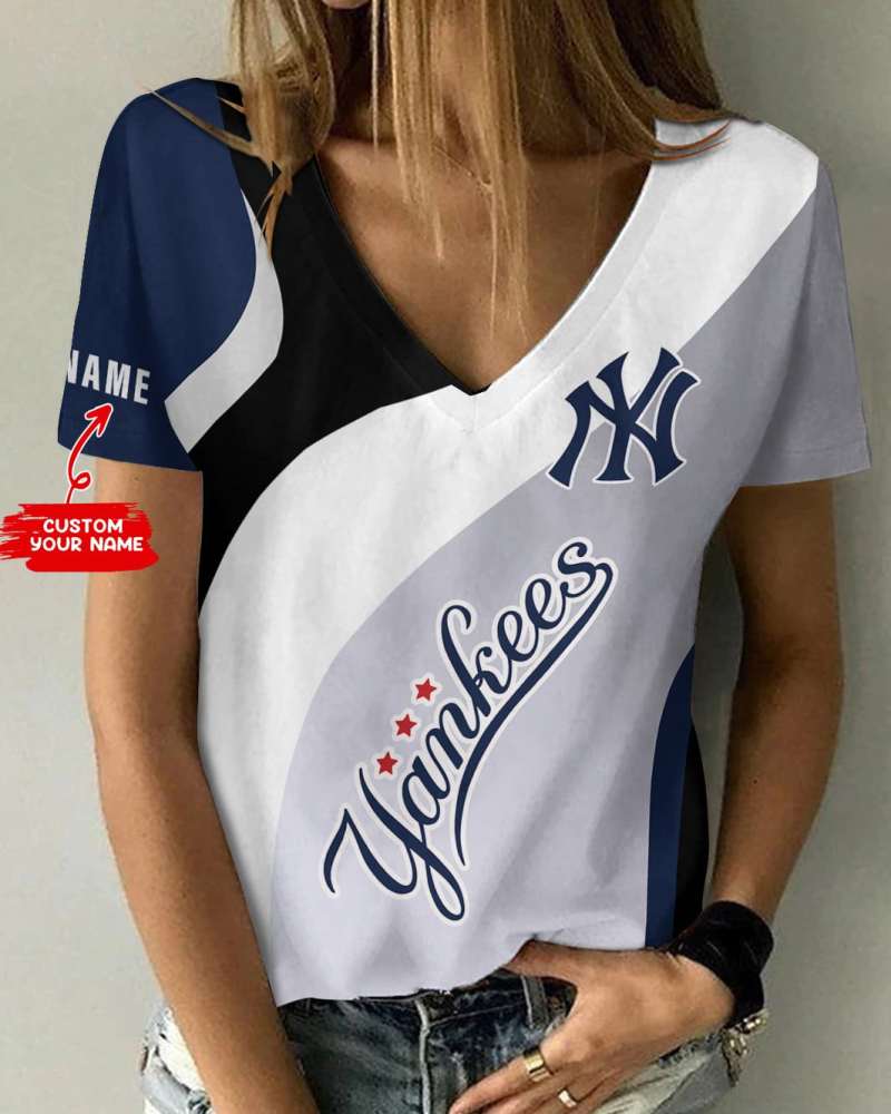 New York Yankees Personalized Summer V-neck Women T-shirt
