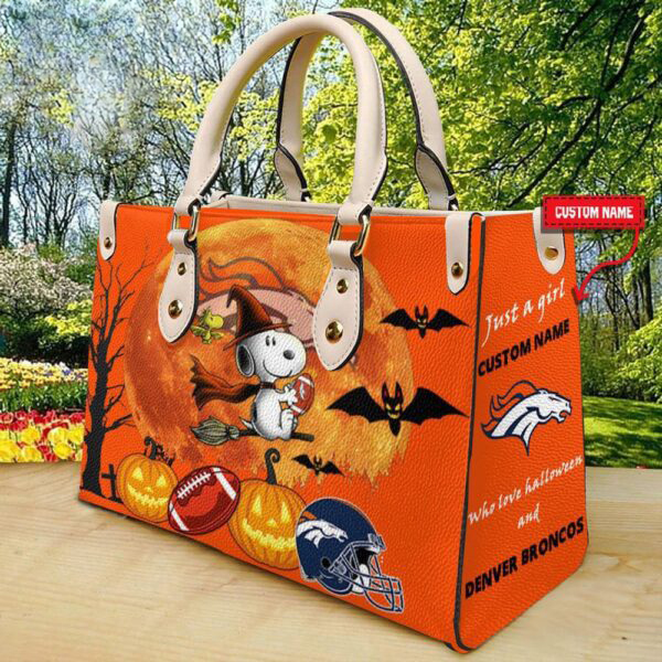 Custom Name Denver Broncos NFL Snoopy Halloween Women Leather Hand Bag