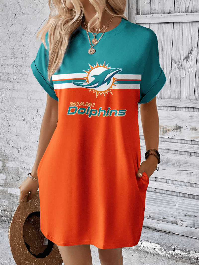 Miami Dolphins Women Hidden Pocket Batwing Casual Dress