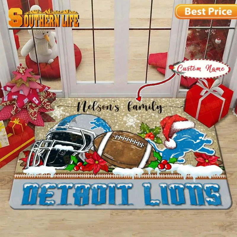 Detroit Lions Christmas Personalized Doormat