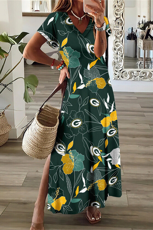 Green Bay Packers V-Neck Side Slit Long Dress