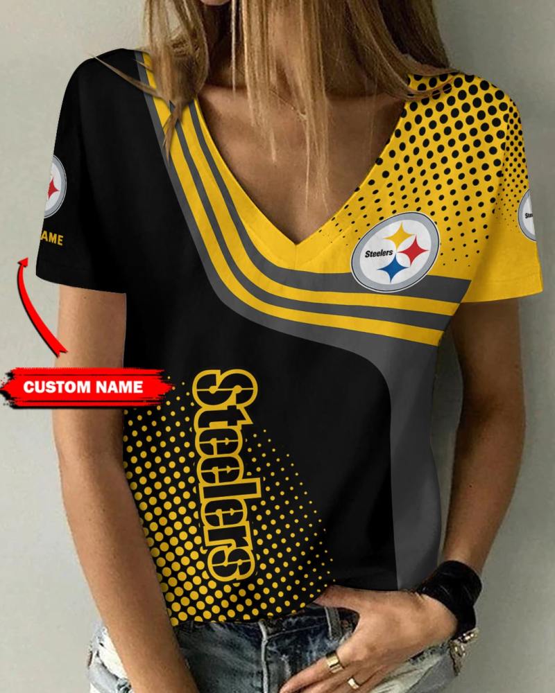 Pittsburgh Steelers Personalized V-neck Women T-shirt Mockup 2
