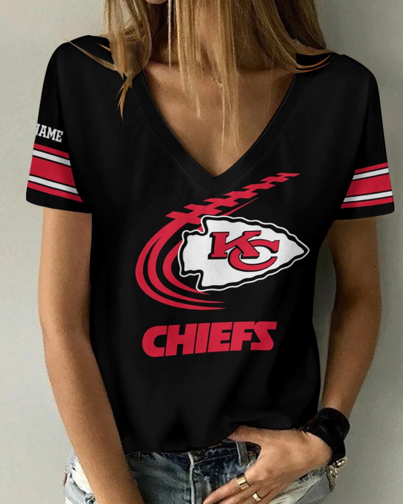 Kansas City Chiefs Personalized V-neck Women T-shirt - Side View