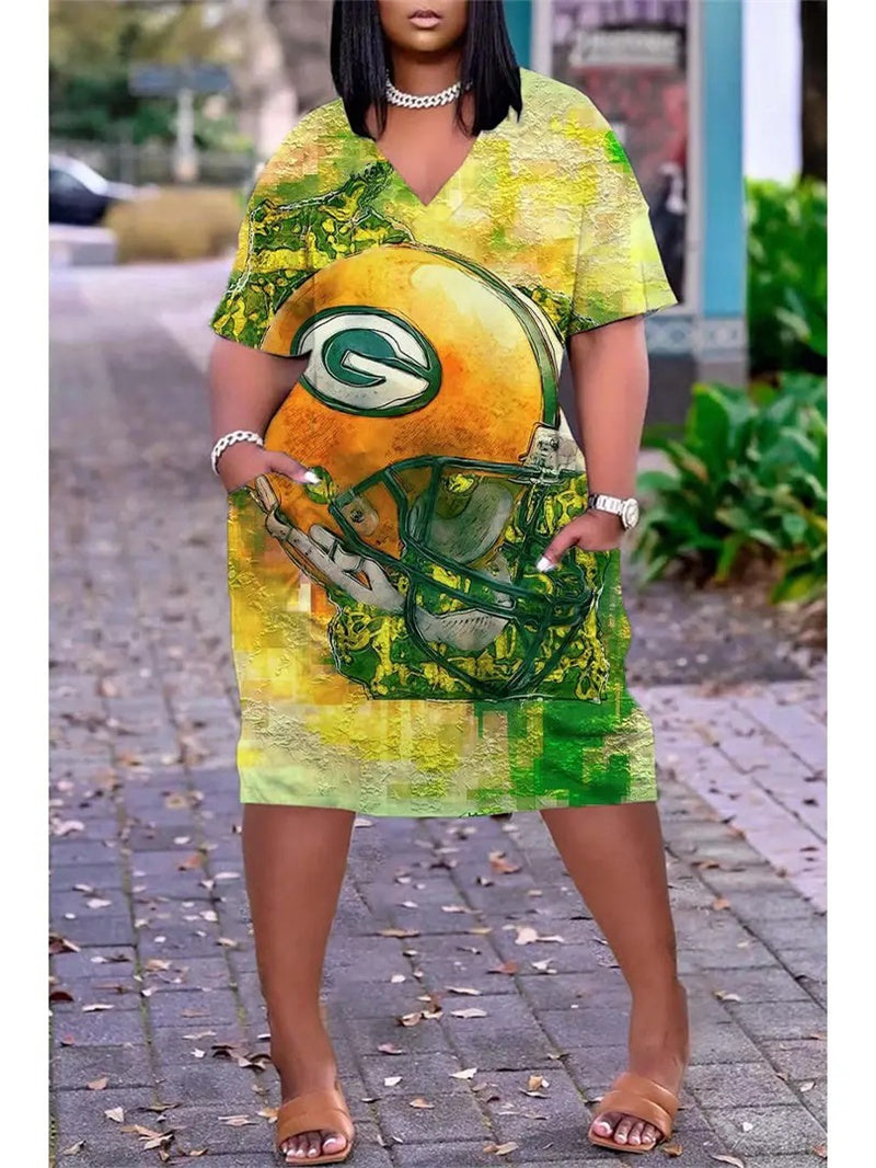 Green Bay Packers V-neck Casual Pocket Dress