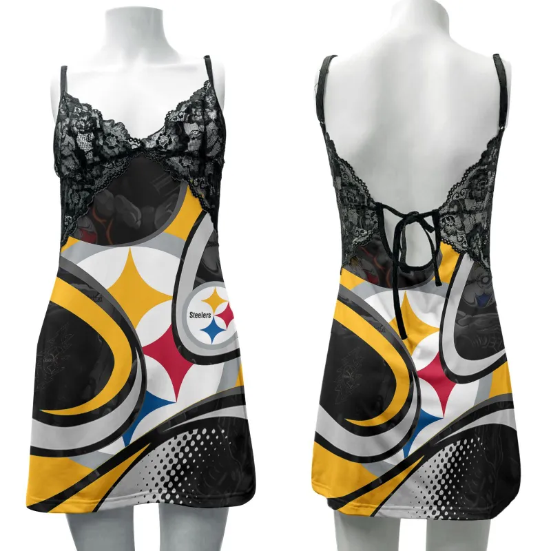 Pittsburgh Steelers Lace Back Strap Slip Dress Front