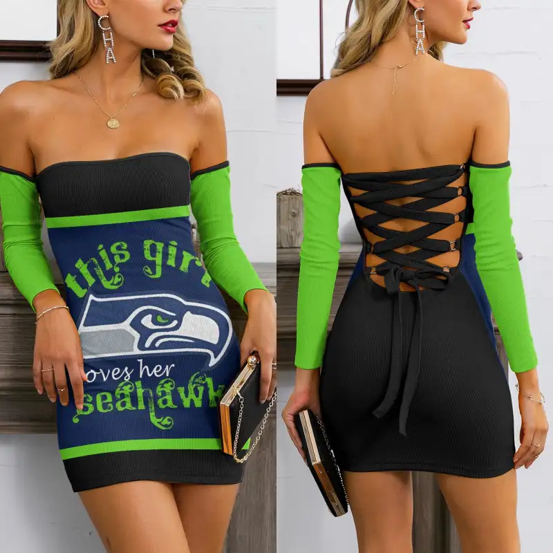 Seattle Seahawks Lace Up Back Bardot Bodycon Dress