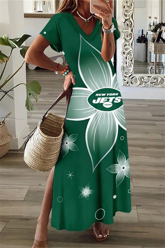 New York Jets V-Neck Side Slit Long Dress
