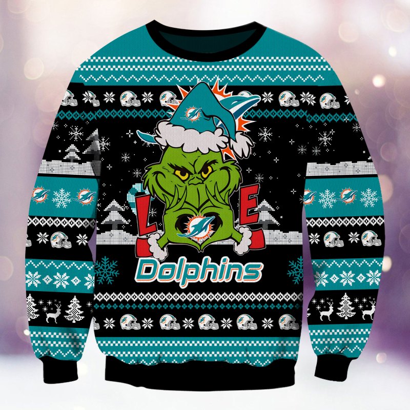 Model Wearing Miami Dolphins Ugly Christmas Sweater