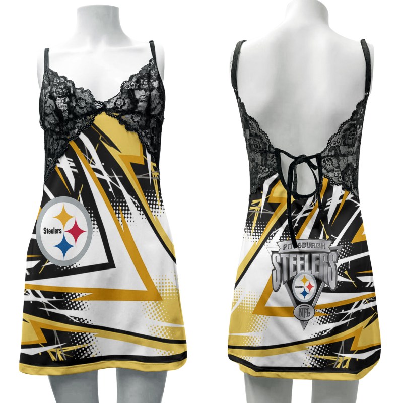 Pittsburgh Steelers Lace Back Strap Slip Dress Front View