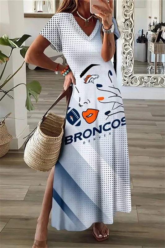 Denver Broncos V-Neck Side Slit Long Dress