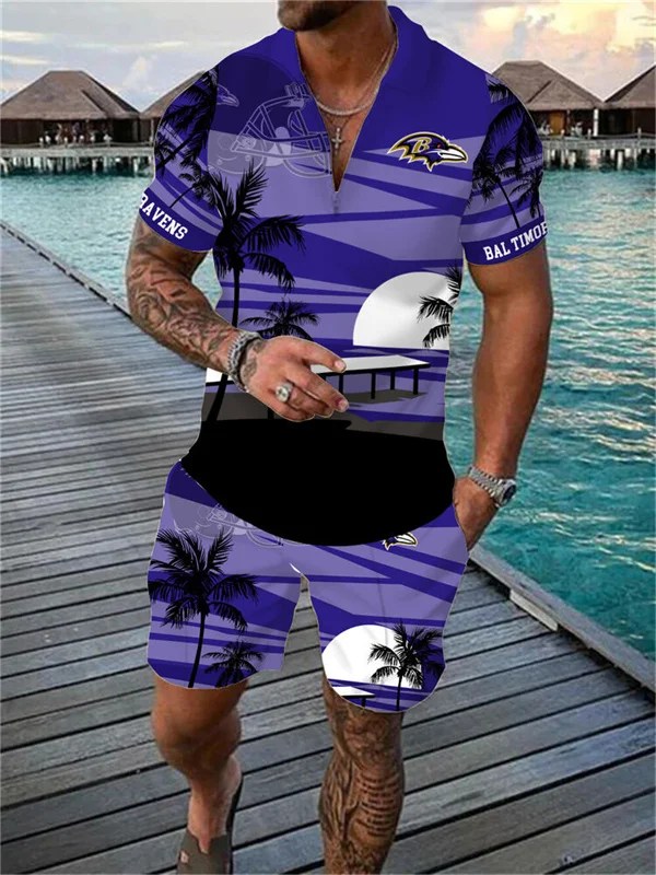 Baltimore Ravens Zip Polo Shirt and Shorts