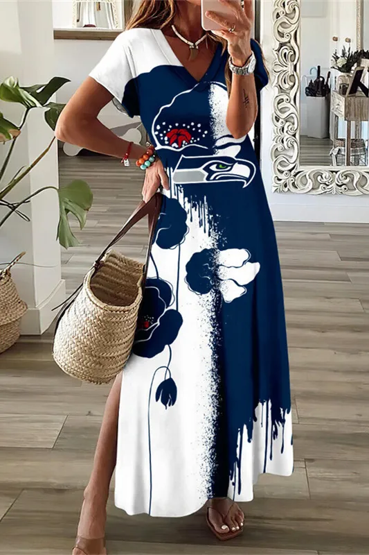 Seattle Seahawks V-Neck Side Slit Long Dress