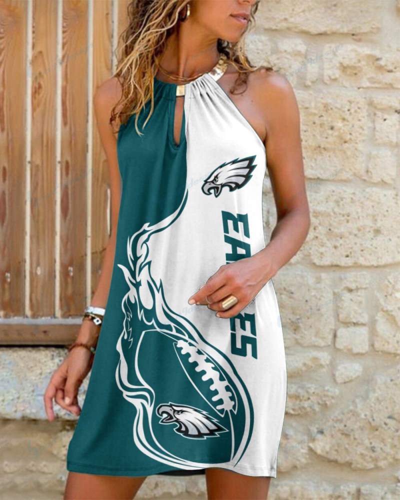 Philadelphia Eagles Summer Casual Metal Halter Neck Sleeveless Dress