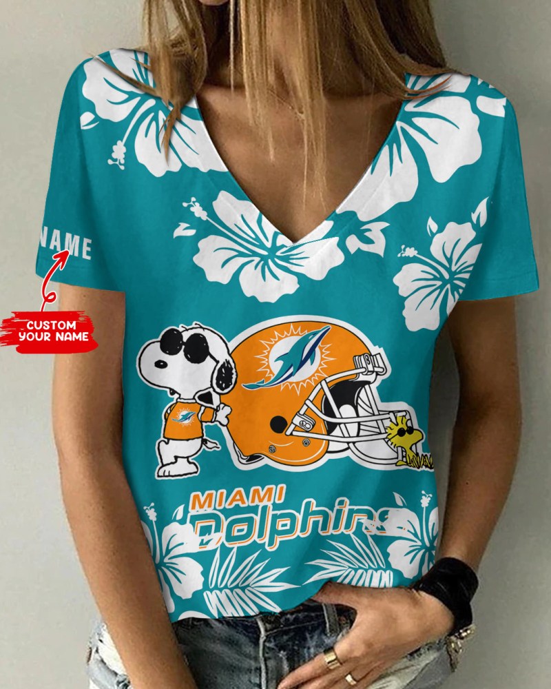 Miami Dolphins Personalized V-neck Women T-shirt Front