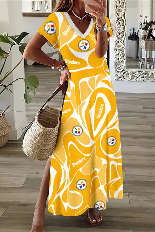 Pittsburgh Steelers V-Neck Side Slit Long Dress