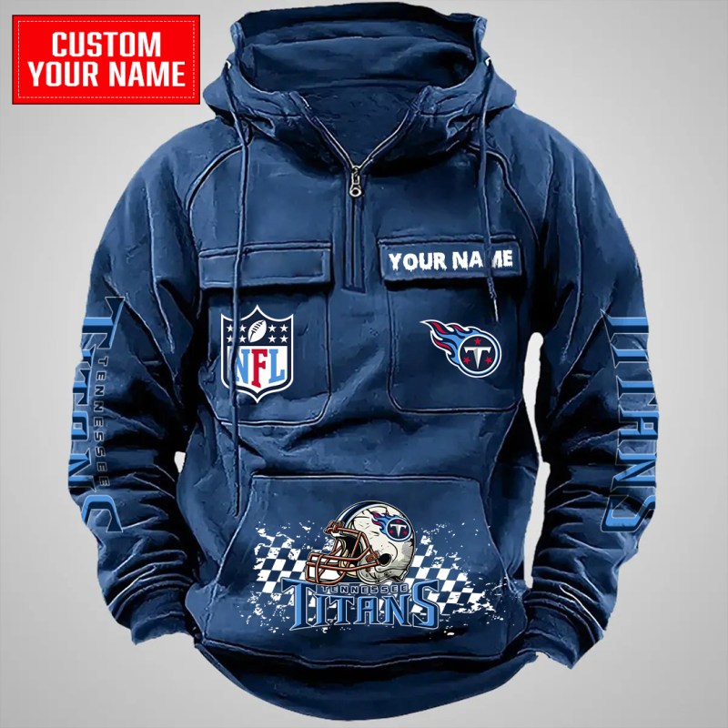 Navy Tennessee Titans Multi-Pockets Zip Hoodie