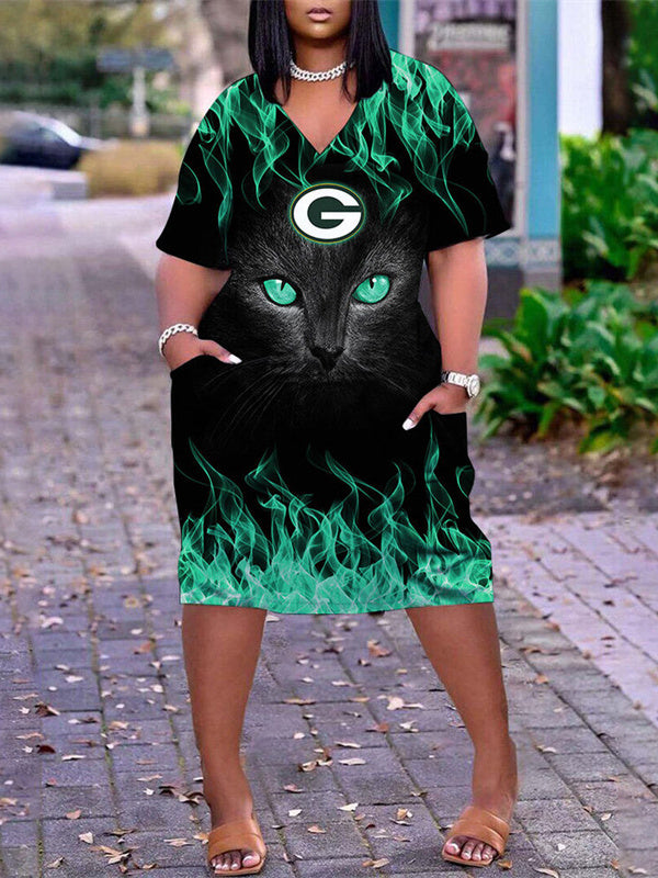 Green Bay Packers V-neck Casual Pocket Dress