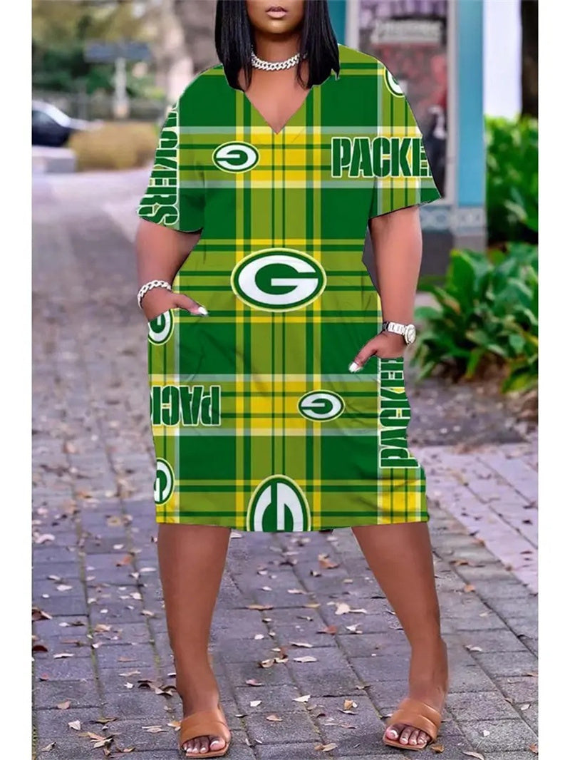 Green Bay Packers V-neck Casual Pocket Dress