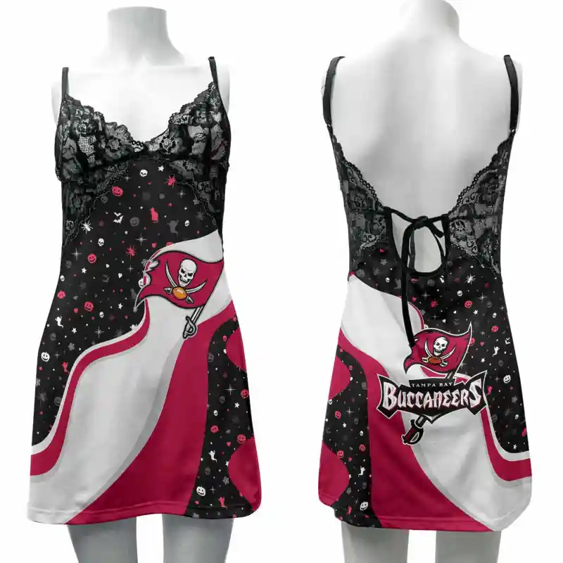 Tampa Bay Buccaneers Halloween Lace Back Strap Slip Dress - Front View