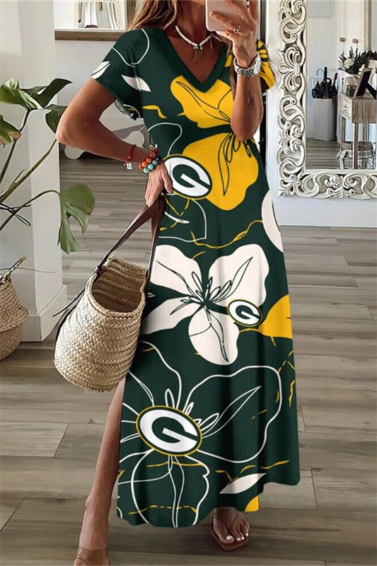 Green Bay Packers V-Neck Side Slit Long Dress
