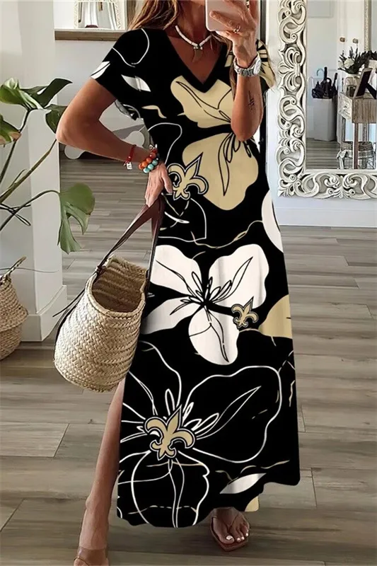 New Orleans Saints V-Neck Side Slit Long Dress