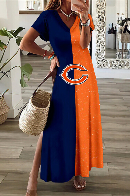 Chicago Bears V-Neck Side Slit Long Dress