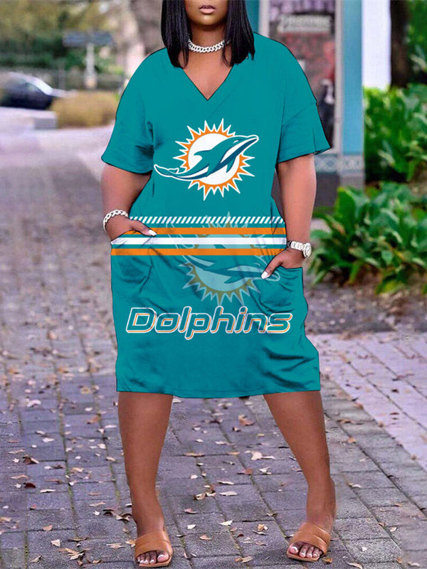 Miami Dolphins V-neck Casual Pocket Dress