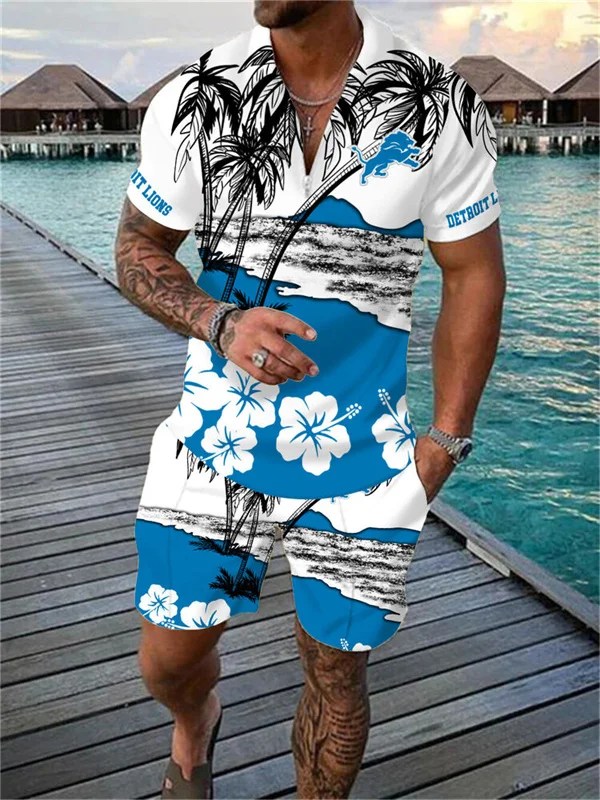 Detroit Lions Zip Polo Shirt And Shorts