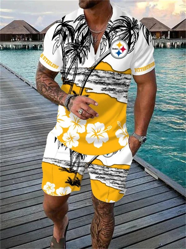 Pittsburgh Steelers Zip Polo Shirt and Shorts